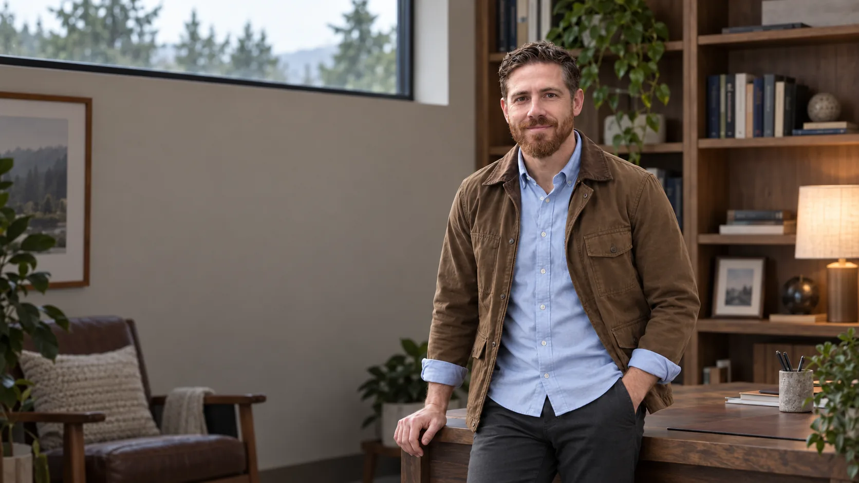 Environmental portrait of Dr. Mark Hilmy in a brown jacket, leaning on a wooden desk in a warm study with bookshelves and a window view of evergreens