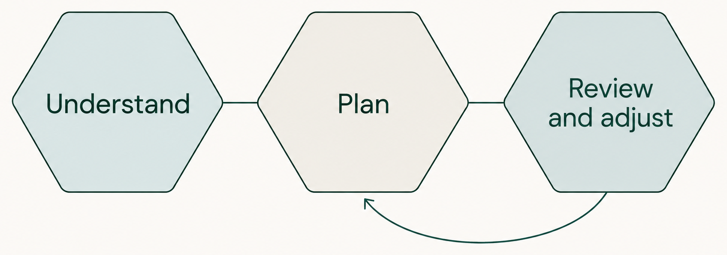 Care sequence moving from understand to plan to review and adjust, with review and adjustment looping back to the plan