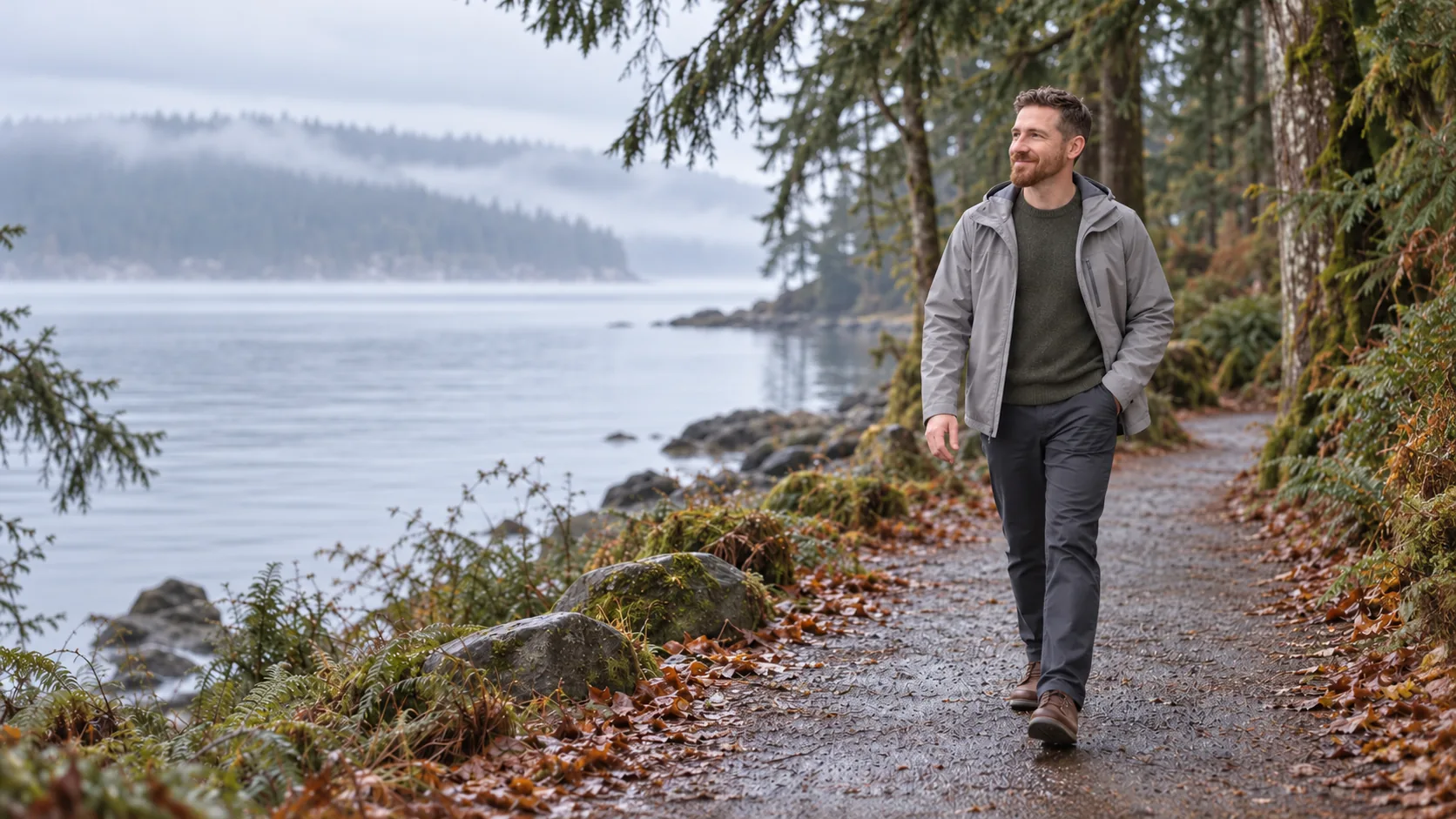 Dr. Mark Hilmy in a grey jacket walking alone along a misty wooded waterfront path beside calm water