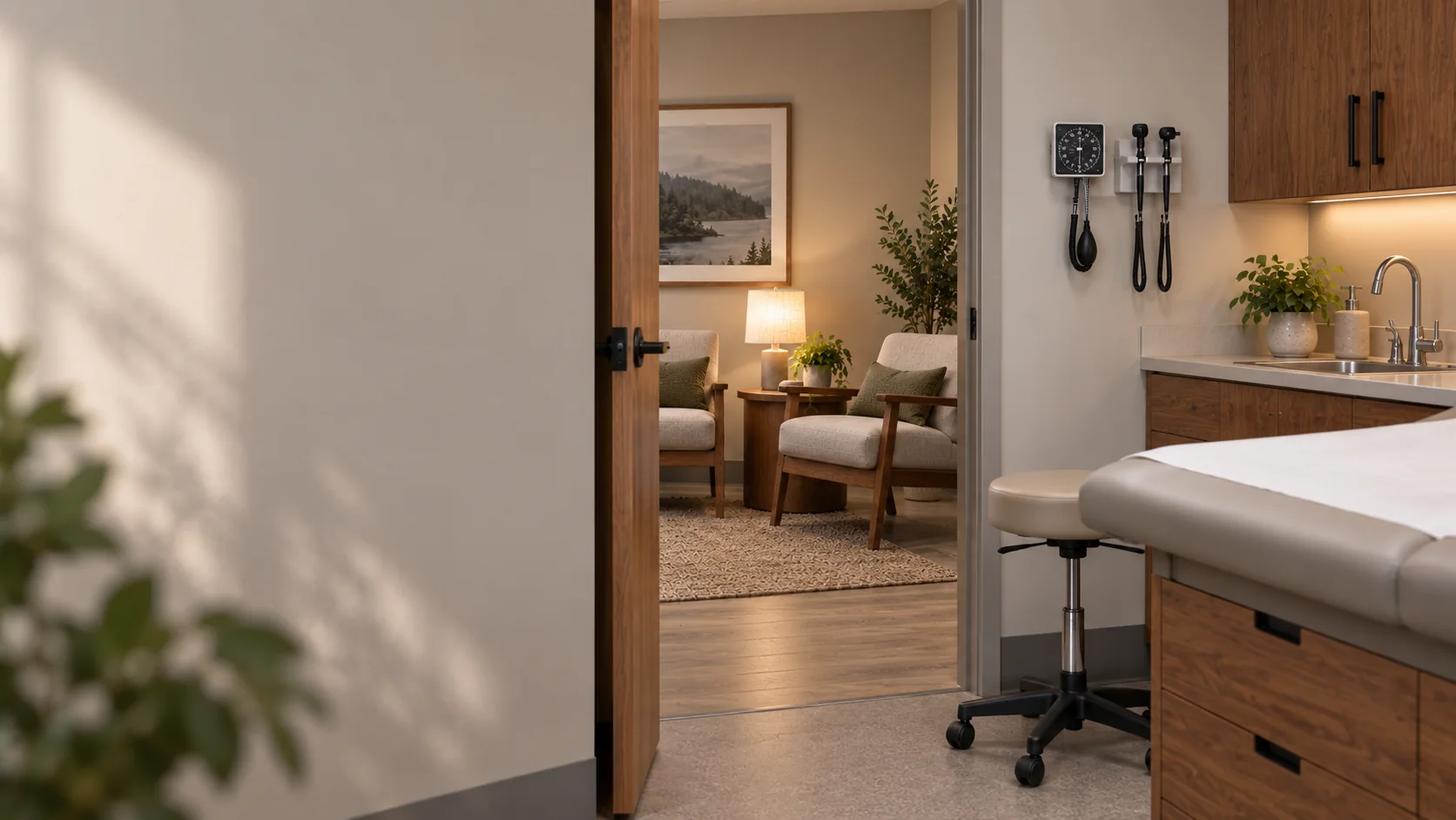 A warm, naturally lit clinical room arranged for conversation, with a quiet open wall at the left