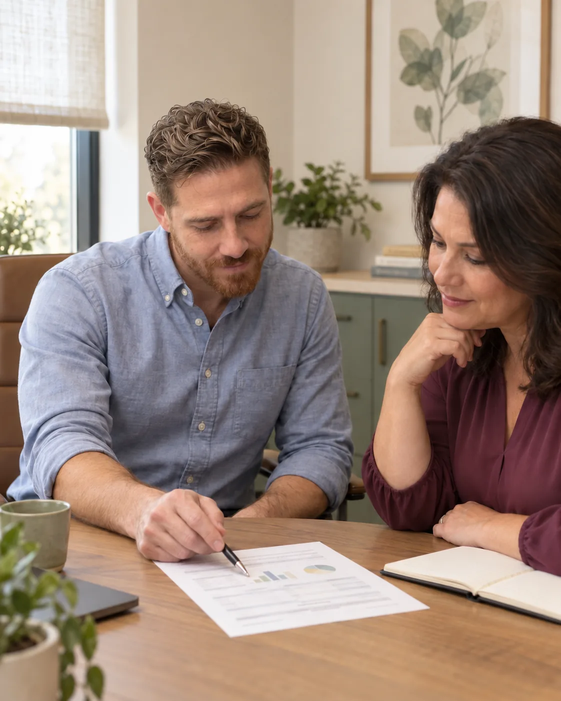 Dr. Mark Hilmy pointing a pen at a printed report on a wooden table while an adult patient beside him looks at the same page
